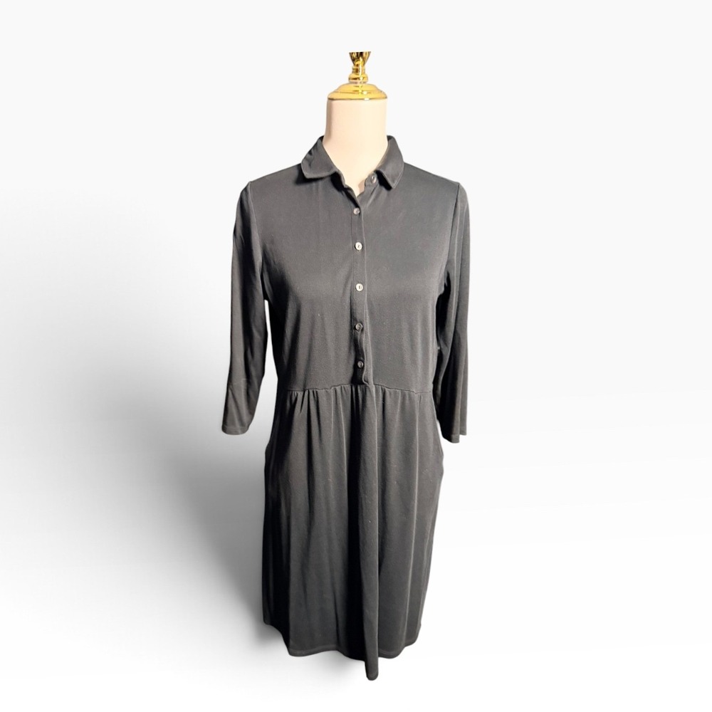 J.Jill Black Knit Button Front Shirtdress Small Pockets 3/4 Sleeve Minimalist